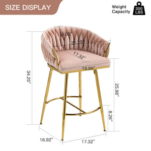 English Elm 26'' Plush Velvet Counter Stools Set of 2 with Adjustable Metal Legs, Gold Chrome Base & Footrest, Pink Luxury Seating W2215P184990