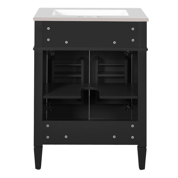 English Elm 24" Bathroom Vanity with Ceramic Basin, French-Inspired Accent Carvings, Soft-Close Doors & Storage Black N710P293309B