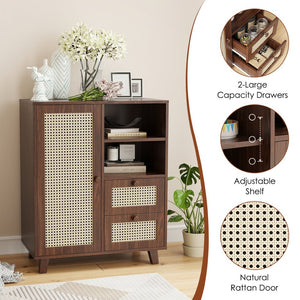 English Elm Rattan Cane Front Sideboard with Drawers Adjustable Shelf Bohemian Storage Cabinet Walnut T3623P434733