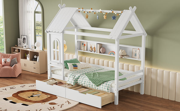 English Elm Twin House Platform Bed with Drawers & Shelves, Solid Wood Playhouse Frame for Kids, Cozy Design Light White W1580S00265