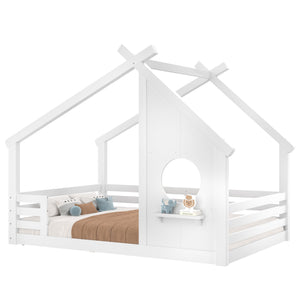 English Elm Twin House Floor Bed with Window & Shelf, Solid Wood Pitched Roof Design for Safe Cozy Sleep White W1580P362678