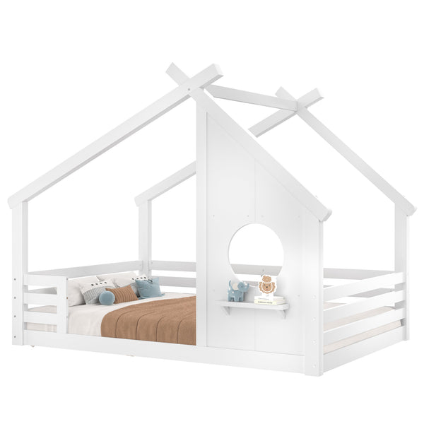 English Elm Twin House Floor Bed with Window & Shelf, Solid Wood Pitched Roof Design for Safe Cozy Sleep White W1580P362678