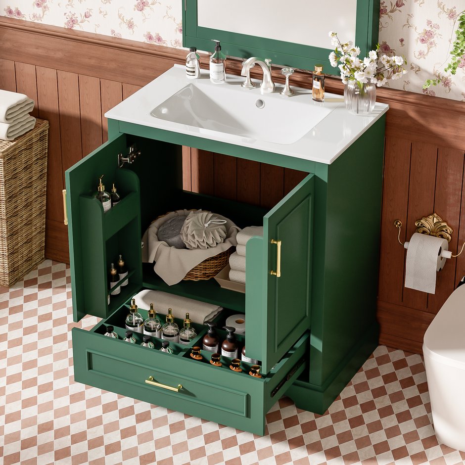 English Elm 30" Modern Bathroom Vanity with Ceramic Sink, Soft-Close Doors, Divided Drawer & Dual Door Shelves Green N729P321376F