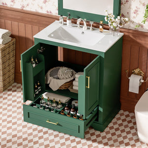 English Elm 30" Modern Bathroom Vanity with Ceramic Sink, Soft-Close Doors, Divided Drawer & Dual Door Shelves Green N729P321376F