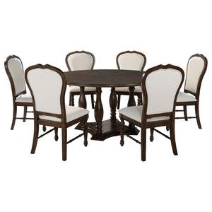 English Elm Claire Colonial Round Dining Set Seats Six with Upholstered Chairs in Warm Brown B062S01845