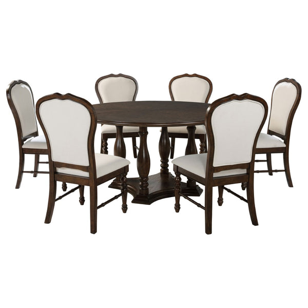 English Elm Claire Colonial Round Dining Set Seats Six with Upholstered Chairs in Warm Brown B062S01845