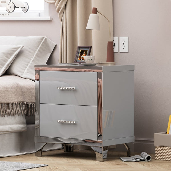 English Elm High Gloss Mirrored 2 Drawer Nightstand Slim Metal Legs Modern Bedroom Side Table Grey W5271P416536