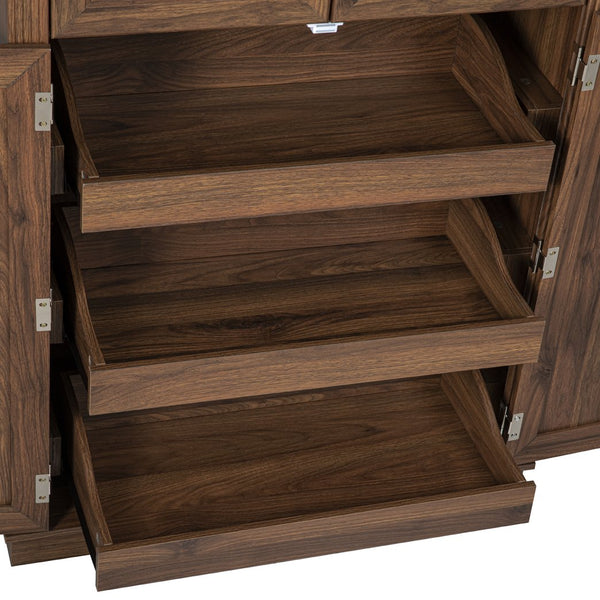 English Elm K&K 71" Tall Farmhouse Pantry Cabinet with Groove Edges, 3 Pull-Out Organizers, 6 Door Shelves Brown N707P256507Z