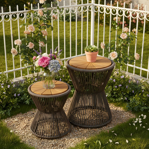English Elm Scott Living Nara Outdoor Acacia Wood Side Tables with Woven Rope Iron Frame Set Dark Grey,Teak N770PS2354692D