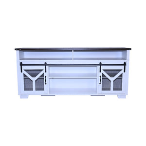 English Elm 65.3" TV Stand with LED Ambience, Sliding Iron Mesh Barn Doors, Y-Accent Rustic Farmhouse Storage White+Walnut W1412P271798