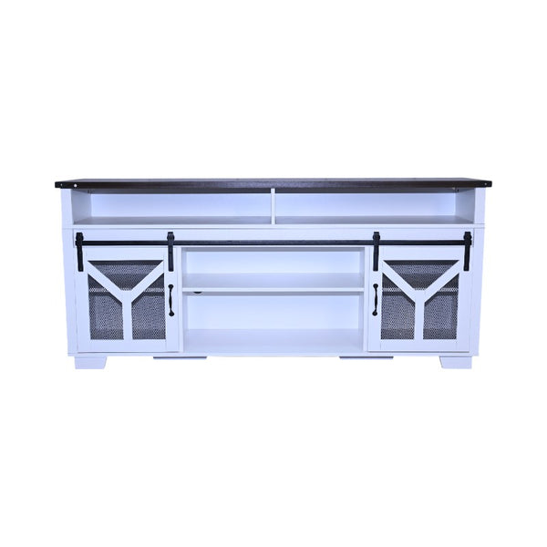 English Elm 65.3" TV Stand with LED Ambience, Sliding Iron Mesh Barn Doors, Y-Accent Rustic Farmhouse Storage White+Walnut W1412P271798