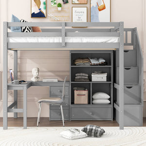 English Elm Full Full Size Loft Bed with L-Shaped Desk, Drawers, Cabinet and Staircase Storage for Space-Saving Rooms Gray GX000469AAE