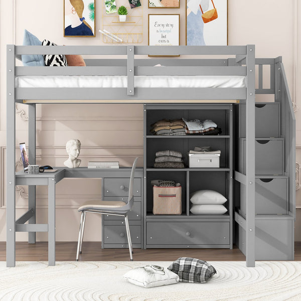 English Elm Full Full Size Loft Bed with L-Shaped Desk, Drawers, Cabinet and Staircase Storage for Space-Saving Rooms Gray GX000469AAE