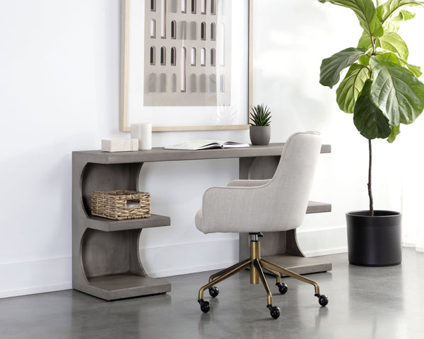 Sunpan Catrine Desk - Handcrafted Mid-Century Modern Design with Unique Curves and Artisan Shelving Elements Grey