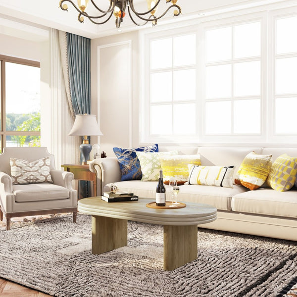 English Elm Mid Century Modern Oval Fluted Coffee Table with Wood Veneer for Living Room Natural W757P370240