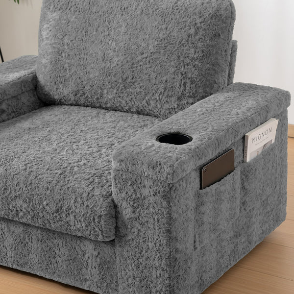 English Elm 42" Oversized Chaise Lounge Faux Rabbit Fur Sofa Bed with Storage Ottoman, Cup Holder, Reclining Cozy Seat N723P232726E