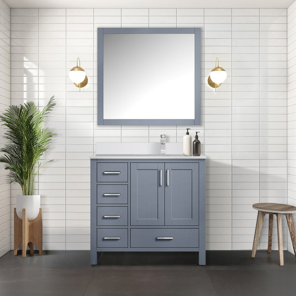 English Elm Dark Grey 36 in Bath Vanity with Right Offset White Quartz Top, Soft-Close Drawers, Faucet Set B2731P259032