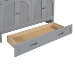 English Elm Full Size Murphy Bed Rattan Cabinet with Storage Drawers and Gold Hardware Gray N708S00009E