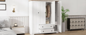 English Elm 4 Door Wardrobe Armoire Closet with 2 Drawers Rustic Pine & MDF Storage Cabinet with Shelves and Hanging Space White N7090001842K