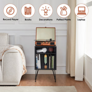 English Elm Record Player Stand with Storage Cabinet and Adjustable Metal Legs, Swivel Feet, Easy Assembly T3623P408152