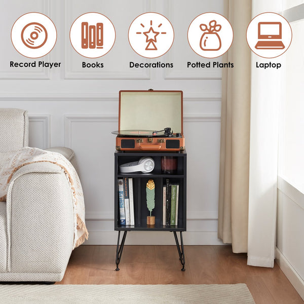 English Elm Record Player Stand with Storage Cabinet and Adjustable Metal Legs, Swivel Feet, Easy Assembly T3623P408152