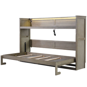 English Elm Twin XL Murphy Bed with Desk, LED Lighting and USB Charging Station — Space-Saving Solid Pine Design Gray Wash N7090005001N