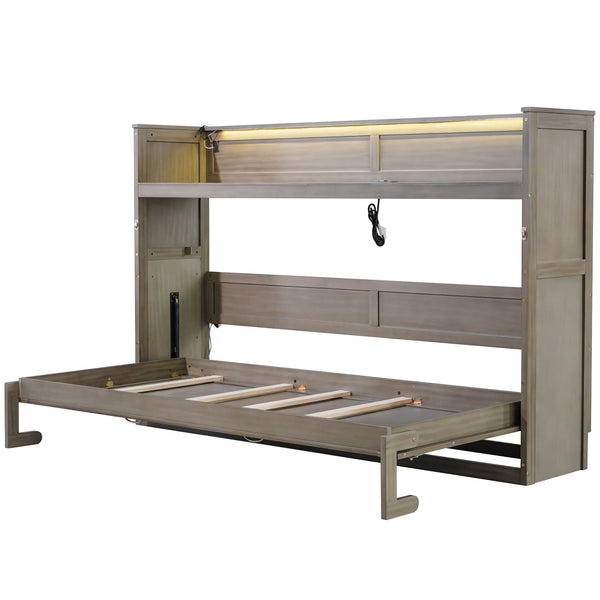 English Elm Twin XL Murphy Bed with Desk, LED Lighting and USB Charging Station — Space-Saving Solid Pine Design Gray Wash N7090005001N