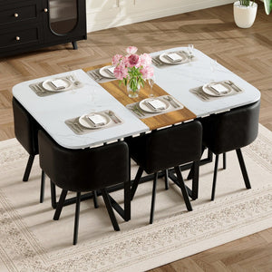 English Elm 7-piece Modern Dining Set Faux Marble Wood Tabletop with Six Leather Chairs W3875S00131