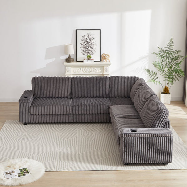 English Elm 110-Inch Oversized Corduroy Corner Sofa with Storage, USB & Cup Holders, Deep Plush Seating Comfort DARK GREY W834S00285