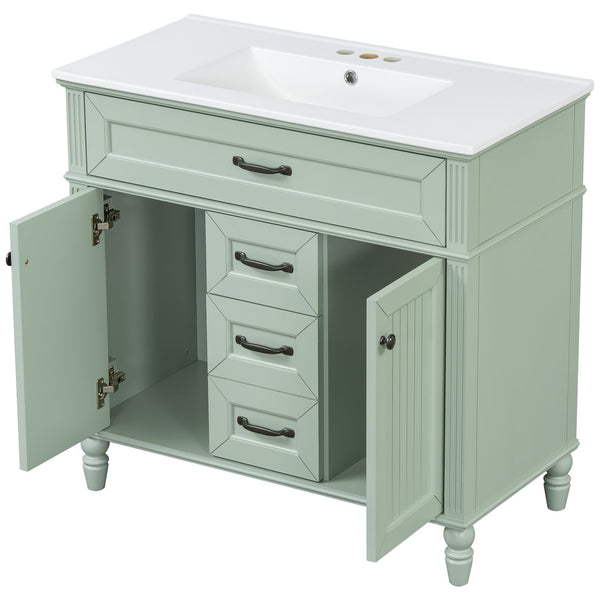 English Elm 36 Inch Bathroom Vanity with Ceramic Sink, Durable MDF & Solid Wood Frame, Soft-Close Doors, Luxe Handles, Ample Organized Storage, Modern Freestanding Design Green N725P314034F