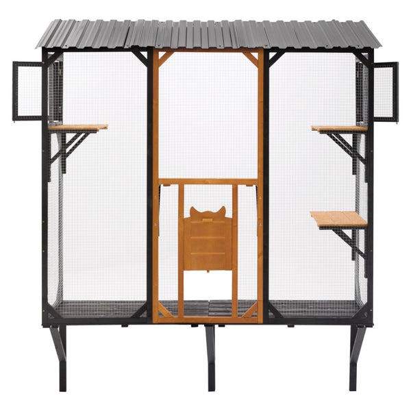 English Elm Outdoor Fir Wood Window Catio Enclosure with Four Climbing Platforms for Cats Black,Brown N719P418371D