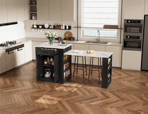 English Elm Extendable Kitchen Island Console with Open Shelving Drawers and Cabinet in Matte Black W1580S00274