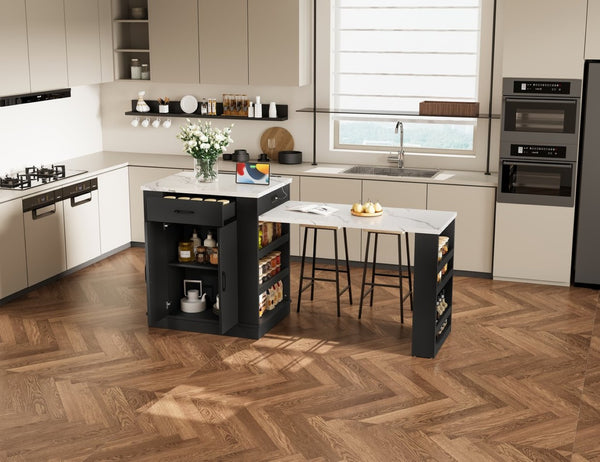 English Elm Extendable Kitchen Island Console with Open Shelving Drawers and Cabinet in Matte Black W1580S00274