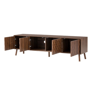 English Elm 70 Inch Fluted Entertainment Center Walnut Finish Solid Wood Legs Soft Close Storage N710P372582P