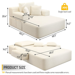 English Elm Luxurious Corduroy Convertible Chaise Lounge Sofa Bed with Foam Support for Apartments Beige W3219P449012