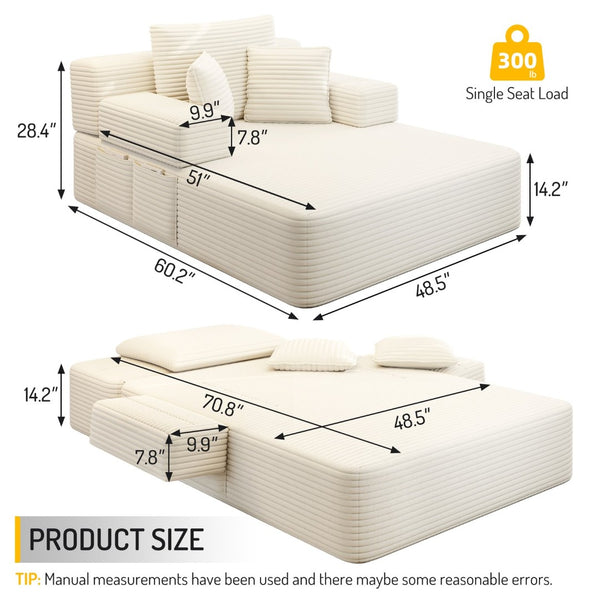 English Elm Luxurious Corduroy Convertible Chaise Lounge Sofa Bed with Foam Support for Apartments Beige W3219P449012