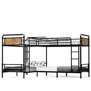 English Elm Quad Quad Bunk Bed for 4 Kids - Heavy Duty Metal Twin Frame, Detachable Triple Layout, Rustic Black Wood Finish, 250lb Capacity Each, Space-Saving Modular Design W2580S00020