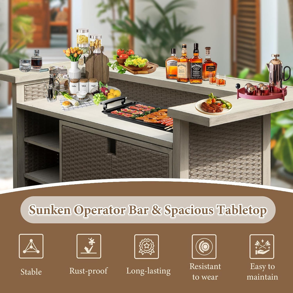 English Elm Patio All-Aluminum PE Wicker Bar Table with Umbrella Hole, Gas Tank Support & Spacious Storage, Beige W1859S00170