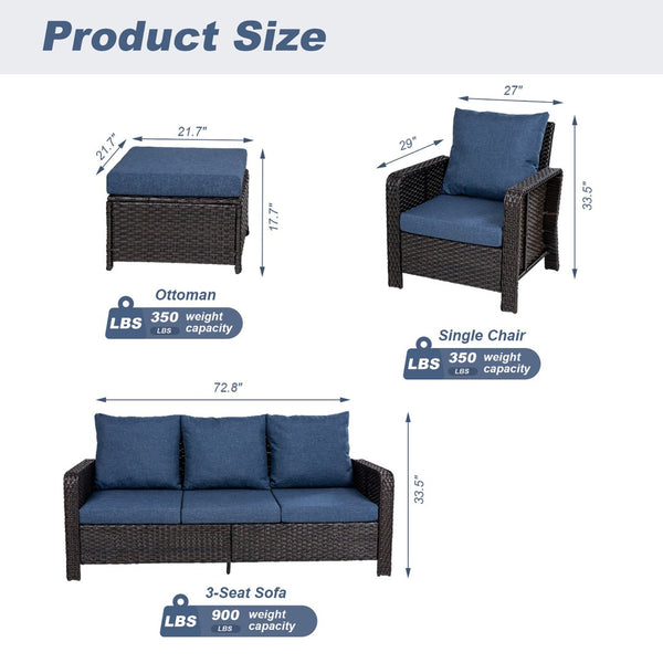 English Elm Tl Five Piece Outdoor Wicker Seating Set with Sofa Armchairs and Weather Resistant Cushions W5382S00006