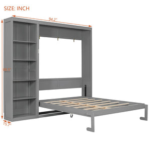 English Elm Queen Murphy Wall Bed with Side Shelving Folds Flush Into Mdf Cabinet for Studio Rooms Gray LP000697AAE-2