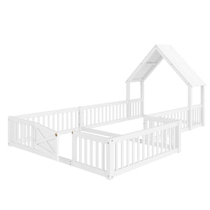 English Elm Full Full Size House Floor Bed with Door & Guardrails, Solid Wood Playful Design for Kids, Safe and Durable White W1580P327130