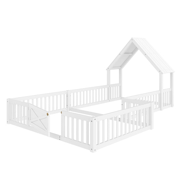 English Elm Full Full Size House Floor Bed with Door & Guardrails, Solid Wood Playful Design for Kids, Safe and Durable White W1580P327130