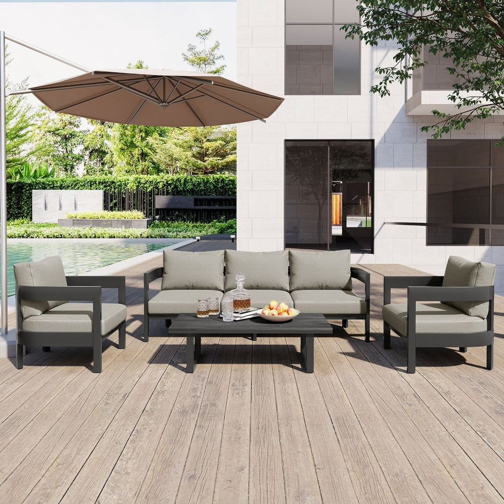English Elm U_style Iron Frame Outdoor Seating Set with Plush Cushions and Faux Wood Accent Table N711P255070A