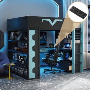 English Elm Full Size Gaming Loft Bed with Desk Rgb Lighting Power Outlet and Storage Drawer Blue LT000285AAC