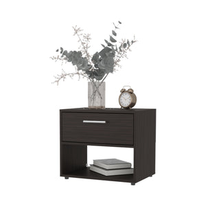 English Elm FM Round Rock Nightstand Stained Walnut with Drawer & Open Shelf, Modern Compact Bedroom Storage B128P283300