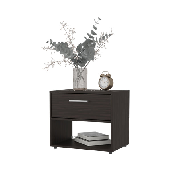 English Elm FM Round Rock Nightstand Stained Walnut with Drawer & Open Shelf, Modern Compact Bedroom Storage B128P283300