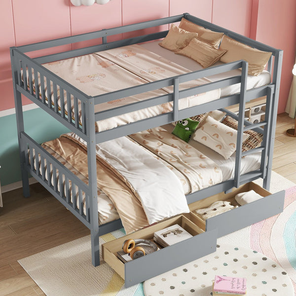 English Elm Full Full Over Full Bunk Bed In Grey With 2 Storage Drawers, Ladder & Safety Guardrails – Versatile Design! W504S00194