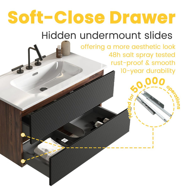 English Elm Galan Freestanding Bathroom Vanity Quartz Basin Fluted Wood Cabinet Modern Bath W1865S00200