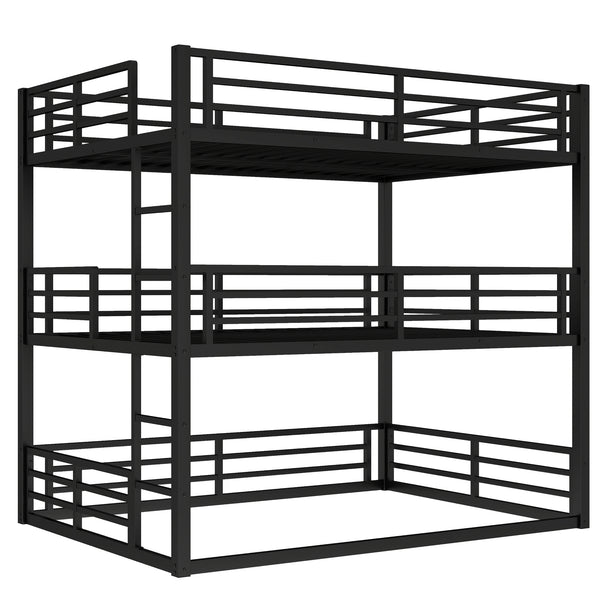English Elm Full Triple Bunk Bed - Heavy-Duty Metal Frame With Safety Guardrails, Space-Saving Design, Black W1580S00144