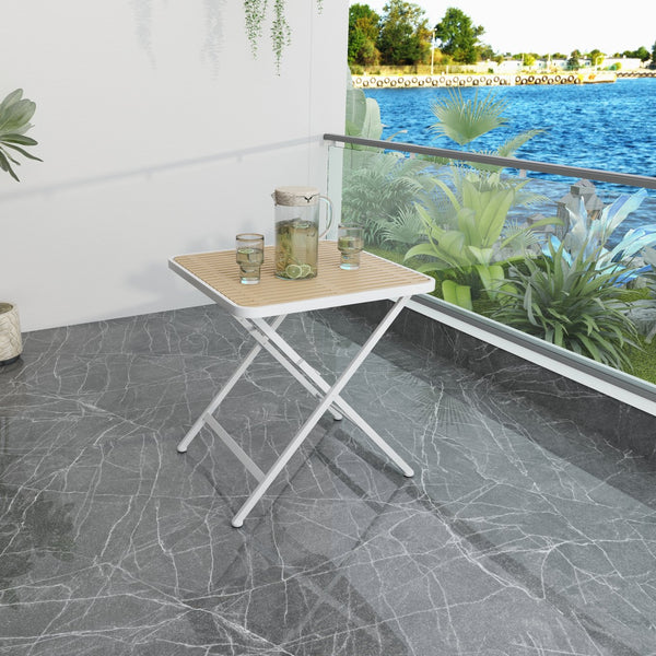 English Elm Modern folding square table — UV-stable polypropylene top, powder-coated metal legs, 220 lb capacity, weatherproof W3450P323340